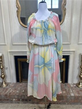 Vintage Sears Fashion Place Floral Midi Dress Medium Watercolor Pastel 70s 80s‎